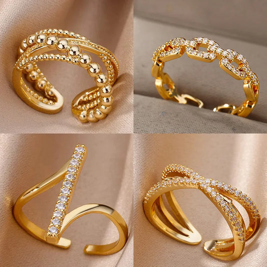 Luxury Zircon Geometric Opening Ring – Gold Stainless Steel
