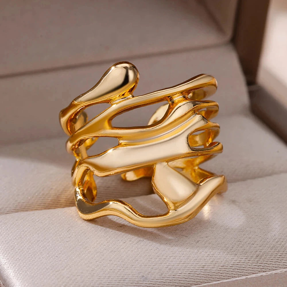 Vintage Chunky Wide Ring – Gold Stainless Steel Open Band