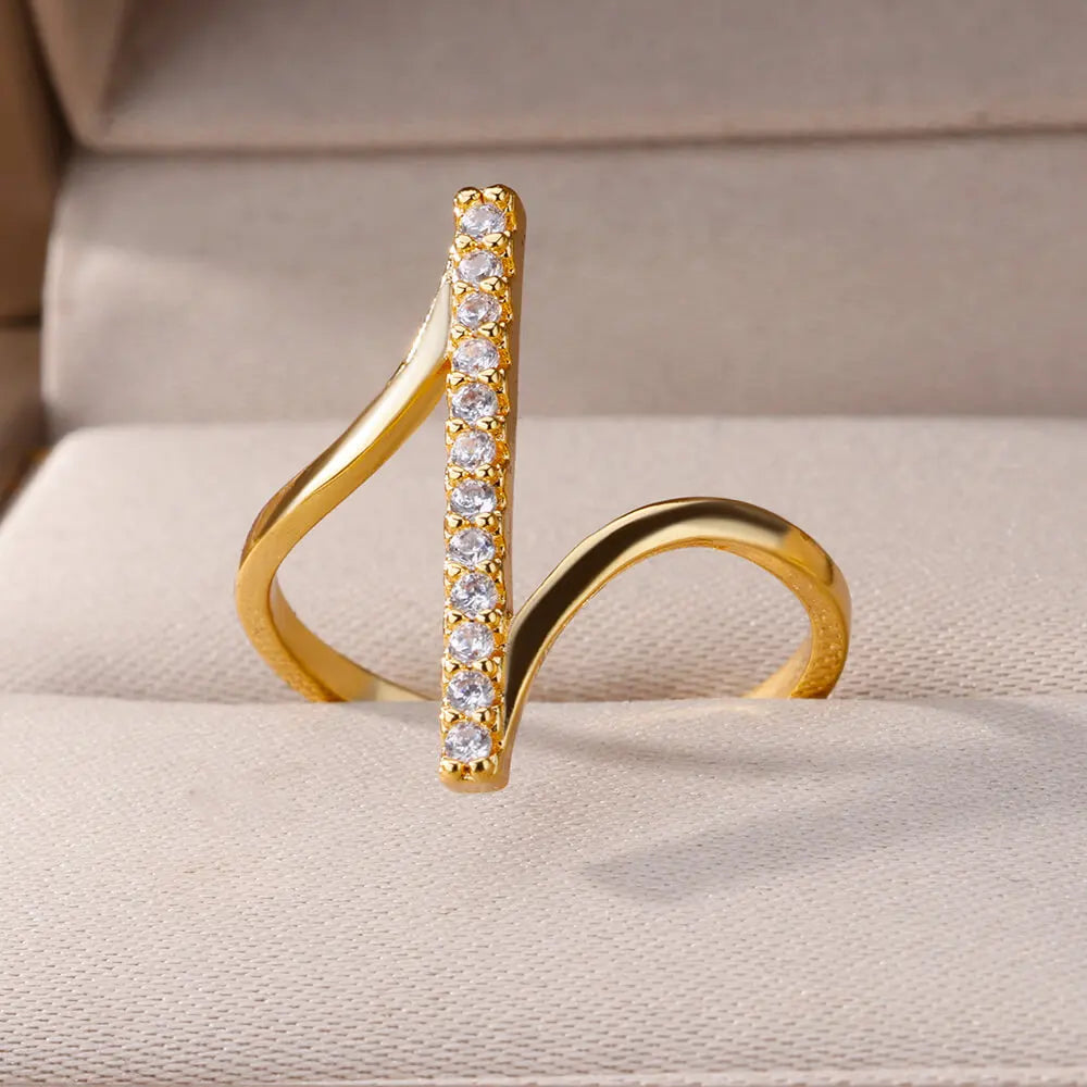 Luxury Zircon Geometric Opening Ring – Gold Stainless Steel
