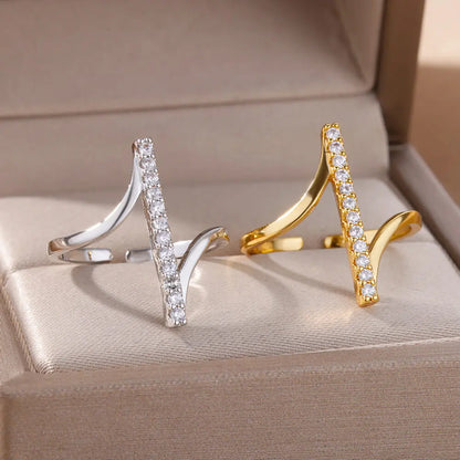 Luxury Zircon Geometric Opening Ring – Gold Stainless Steel